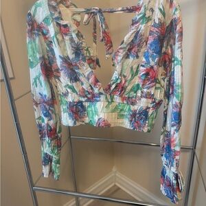 Anthropologie Multicolor Floral Blouse with Ruffle and Tie-Back